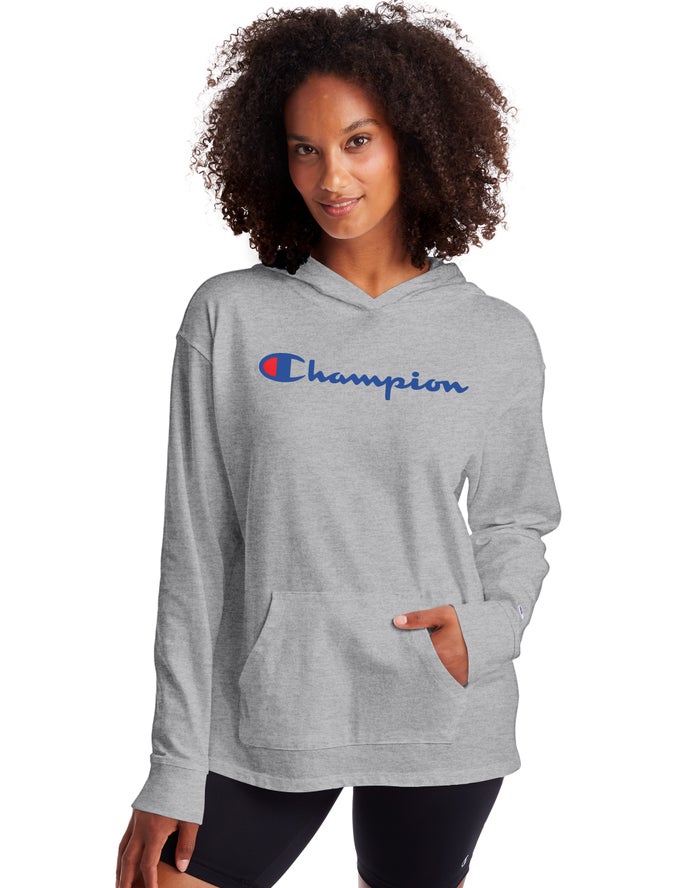 Champion Womens Hoodie NZ - Midweight Jersey Script Logo Grey ( 8630-YAENJ )